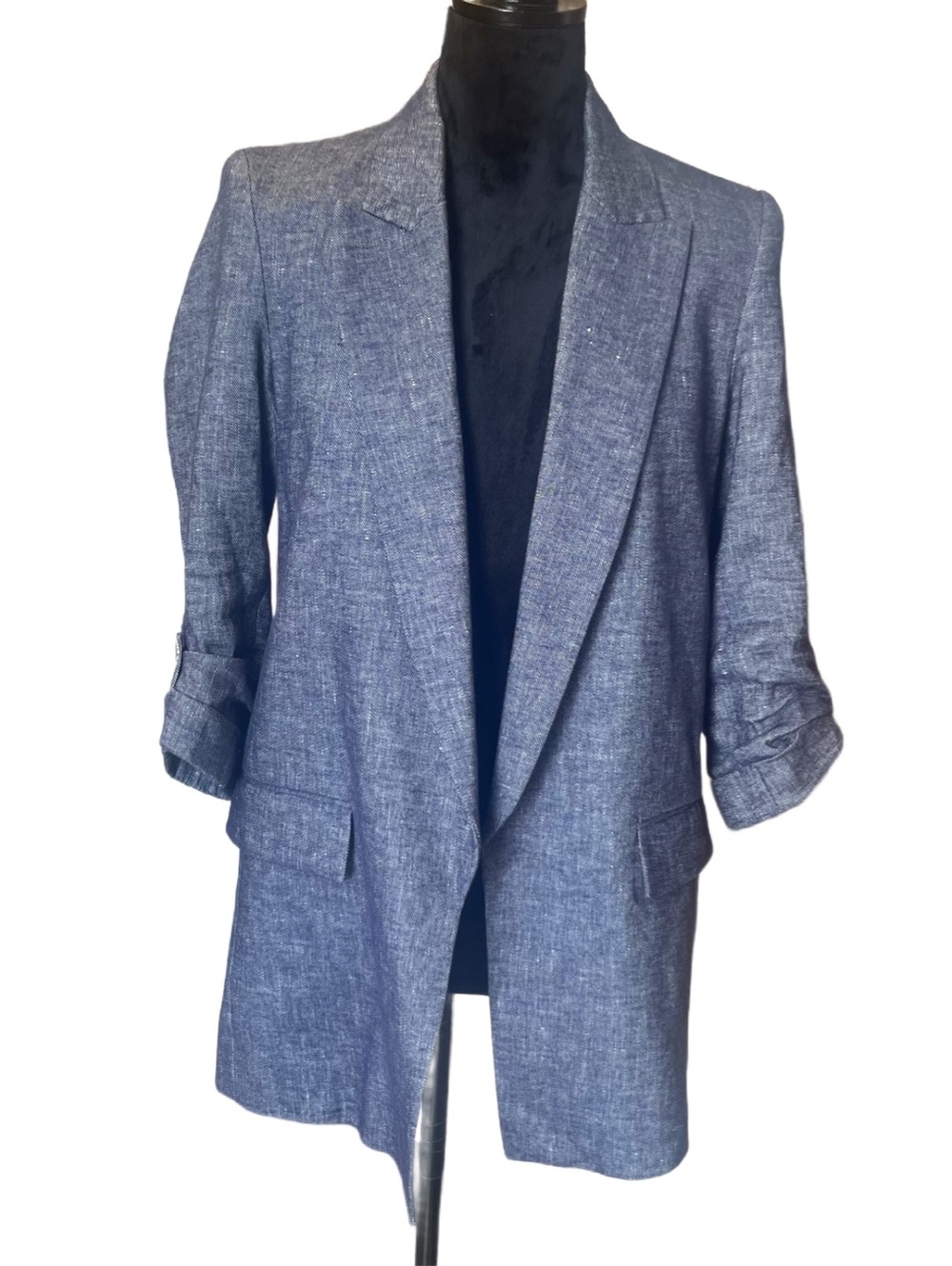 NWOT Zara Roll-Up Sleeve Linen-Blend Boyfriend Blazer in Indigo Size S